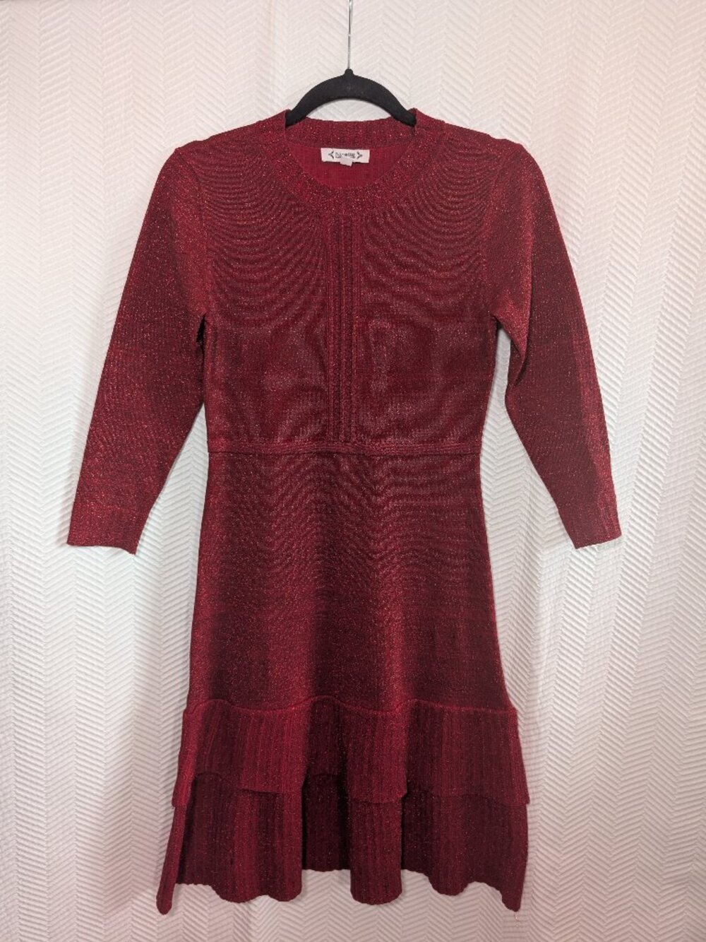 Nanette Lepore Red Knit Sweater Dress Metallic Lurex Shimmer Tiered Size Small